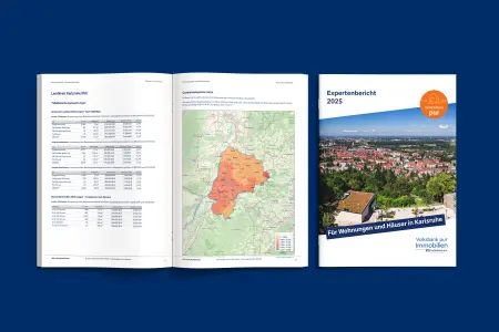 Karlsruhe Expertenbericht für Wohnungen und Häuser. Mockup mit dem Titel und einer Doppelseite aus dem Bericht.